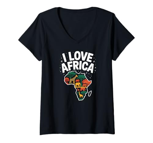 Damen Kartenkunst „I Love Africa Wild Animals“ T-Shirt mit V-Ausschnitt von African Wildlife Safari Adventure