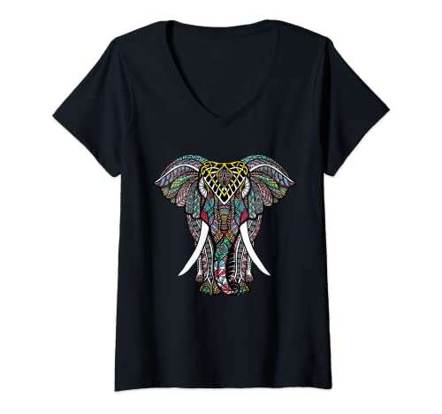 Damen Mandala Ganesha Afrikanischer Elefant T-Shirt mit V-Ausschnitt von Afrikanischer Elefant Ausstatter