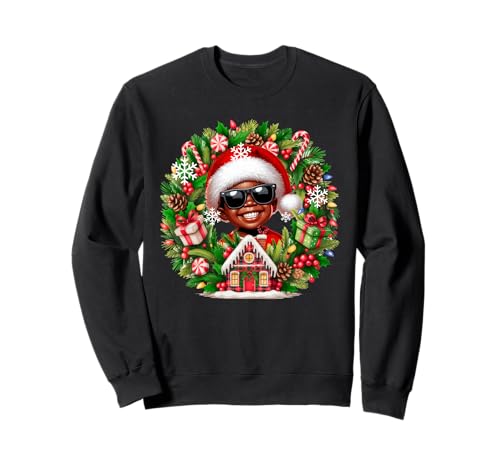 Santa Afro Kid Boy Sunglasses Xmas Floral Cirle Colorful Sweatshirt von Afro, Black American Christmas Costume