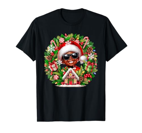 Santa Afro Kid Boy Sunglasses Xmas Floral Cirle Colorful T-Shirt von Afro, Black American Christmas Costume