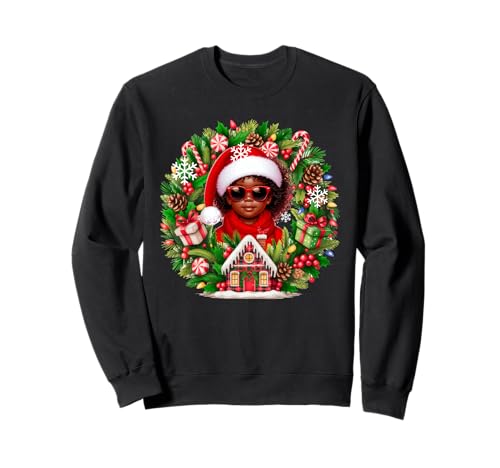 Santa Afro Kid Girl Sunglasses Xmas Floral Cirle Colorful Sweatshirt von Afro, Black American Christmas Costume