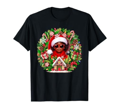 Santa Afro Kid Girl Sunglasses Xmas Floral Cirle Colorful T-Shirt Santa Afro Kid Girl Sunglasses Xmas Floral Cirle Colorful T-Shirt von Afro, Black American Christmas Costume