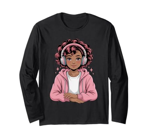 Niedliche Schwarze Mädchen rosa Kopfhörer Anime Tochter Kunst Frauen Männer Langarmshirt von Afro Anime Style Teen Vibes Music Dreamer Power