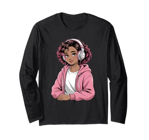 Niedliche Schwarze Mädchen rosa Kopfhörer Anime Tochter Kunst Frauen Männer Langarmshirt von Afro Anime Style Teen Vibes Music Dreamer Power