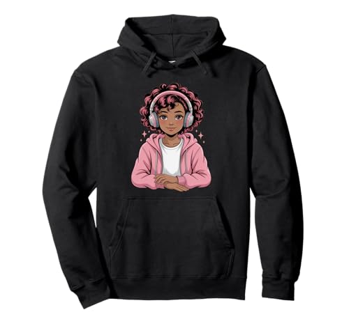 Niedliche Schwarze Mädchen rosa Kopfhörer Anime Tochter Kunst Frauen Männer Pullover Hoodie von Afro Anime Style Teen Vibes Music Dreamer Power