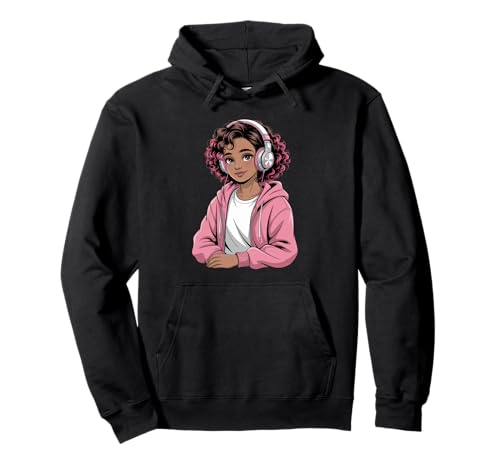 Niedliche Schwarze Mädchen rosa Kopfhörer Anime Tochter Kunst Frauen Männer Pullover Hoodie von Afro Anime Style Teen Vibes Music Dreamer Power