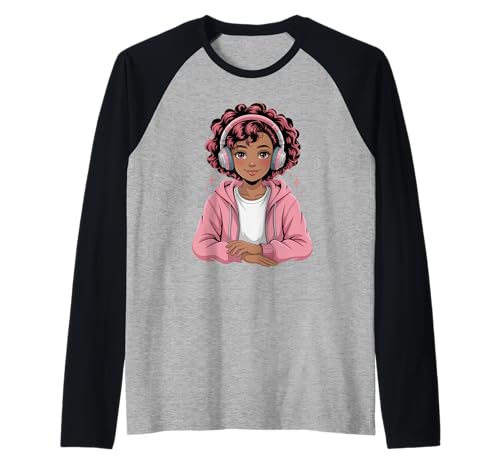 Niedliche Schwarze Mädchen rosa Kopfhörer Anime Tochter Kunst Frauen Männer Raglan von Afro Anime Style Teen Vibes Music Dreamer Power