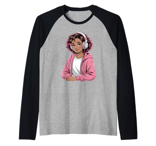 Niedliche Schwarze Mädchen rosa Kopfhörer Anime Tochter Kunst Frauen Männer Raglan von Afro Anime Style Teen Vibes Music Dreamer Power
