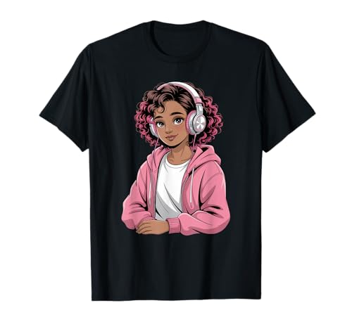Niedliche Schwarze Mädchen rosa Kopfhörer Anime Tochter Kunst Frauen Männer T-Shirt von Afro Anime Style Teen Vibes Music Dreamer Power