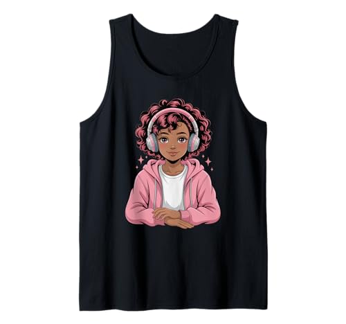 Niedliche Schwarze Mädchen rosa Kopfhörer Anime Tochter Kunst Frauen Männer Tank Top von Afro Anime Style Teen Vibes Music Dreamer Power