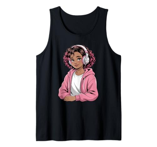 Niedliche Schwarze Mädchen rosa Kopfhörer Anime Tochter Kunst Frauen Männer Tank Top von Afro Anime Style Teen Vibes Music Dreamer Power