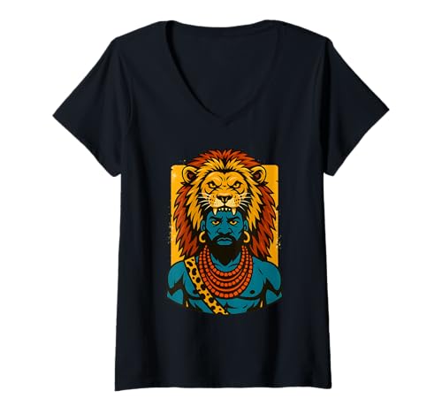 Damen Afrikanischer Krieger mit Löwengeistmaske Tribal Power Art T-Shirt mit V-Ausschnitt von Afro Pride Merch