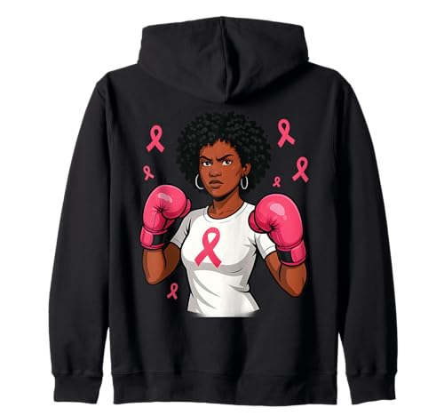 Afro-Frauen-Boxhandschuhe, Brustkrebs-Bewusstsein, rosa Schleife Kapuzenjacke von Afro Woman Boxing Gloves Pink Ribbon Fighter