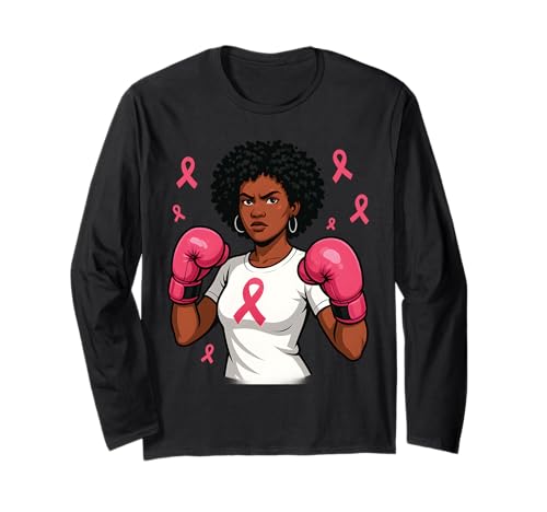 Afro-Frauen-Boxhandschuhe, Brustkrebs-Bewusstsein, rosa Schleife Langarmshirt von Afro Woman Boxing Gloves Pink Ribbon Fighter