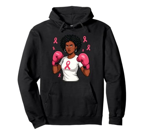 Afro-Frauen-Boxhandschuhe, Brustkrebs-Bewusstsein, rosa Schleife Pullover Hoodie von Afro Woman Boxing Gloves Pink Ribbon Fighter