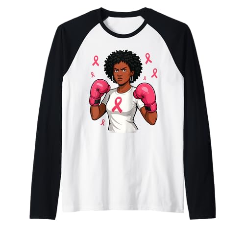 Afro-Frauen-Boxhandschuhe, Brustkrebs-Bewusstsein, rosa Schleife Raglan von Afro Woman Boxing Gloves Pink Ribbon Fighter