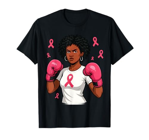 Afro-Frauen-Boxhandschuhe, Brustkrebs-Bewusstsein, rosa Schleife T-Shirt von Afro Woman Boxing Gloves Pink Ribbon Fighter