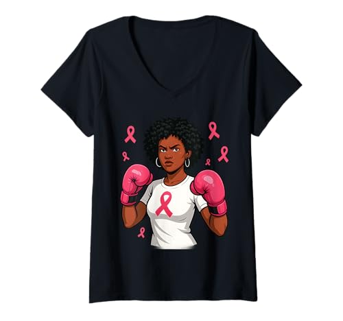 Damen Afro-Frauen-Boxhandschuhe, Brustkrebs-Bewusstsein, rosa Schleife T-Shirt mit V-Ausschnitt von Afro Woman Boxing Gloves Pink Ribbon Fighter