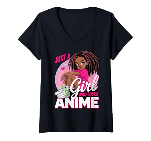 Damen Nur EIN Mädchen, das Anime liebt, süße Kawaii, Schwarze Frauen, Männer T-Shirt mit V-Ausschnitt von Afro Youth Otaku Culture Fan Art Teen Magic