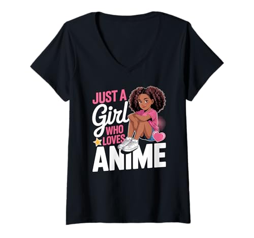 Damen Nur EIN Mädchen, das Anime liebt, süße Kawaii, Schwarze Frauen, Männer T-Shirt mit V-Ausschnitt von Afro Youth Otaku Culture Fan Art Teen Magic
