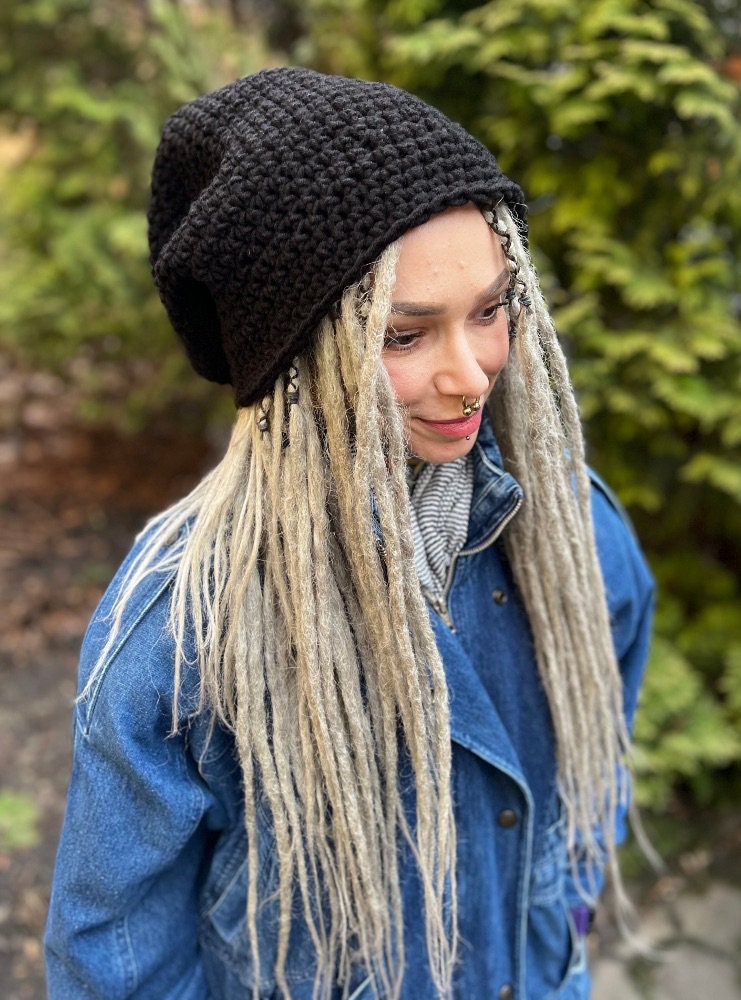 Dreads Boho Gehäkelte Hut Handgemachtes Garn Beanie Schwarze Wolle Mutze Kappe Dreadlocks von AfroStyl