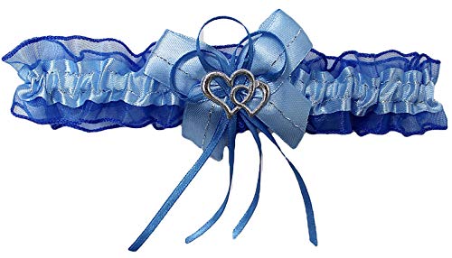 Aga Süßer Braut Strumpfband mit 2 Herzchen Schleifchen, Silbernaht, viele Muster Hochzeit Neu Strumpfbänder Brautstrumpfband (Blau, bis 60 cm) von Aga