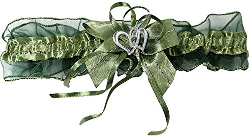 Aga Süßer Braut Strumpfband mit 2 Herzchen Schleifchen, Silbernaht, viele Muster Hochzeit Neu Strumpfbänder Brautstrumpfband (Grün-Olive, bis 80 cm) von Aga