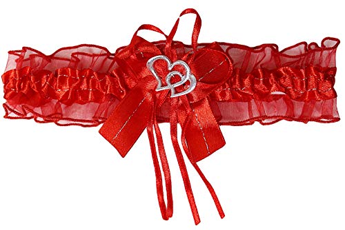 Aga Süßer Braut Strumpfband mit 2 Herzchen Schleifchen, Silbernaht, viele Muster Hochzeit Neu Strumpfbänder Brautstrumpfband (Rot, bis 80 cm) von Aga