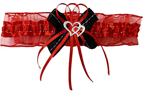 Aga Süßer Braut Strumpfband mit 2 Herzchen Schleifchen, Silbernaht, viele Muster Hochzeit Neu Strumpfbänder Brautstrumpfband (Rot-Schwarz, bis 60 cm) von Aga