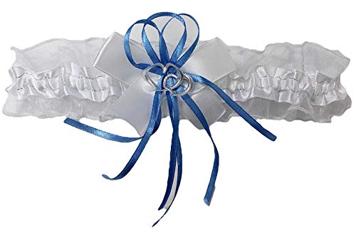 Aga Süßer Braut Strumpfband mit 2 Herzchen Schleifchen, Silbernaht, viele Muster Hochzeit Neu Strumpfbänder Brautstrumpfband (Weiß-Blau, bis 60 cm) von Aga