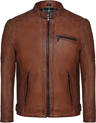 Agamaa Herren Biker Lederjacke IImari Vintage Jacke - Echtlederjacke Cognac - Lederjacke Herren mit Stehkragen Übergangsjacke (S) von Agamaa