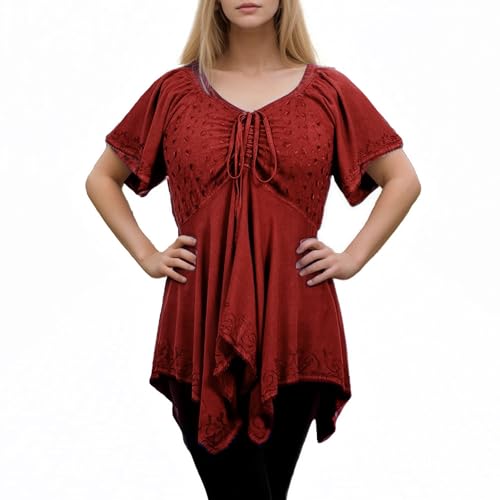 Agan Traders 2025 Frühling Asymmetrisches Taschentuch Diamant Hals Bestickte Tops - Empire-Taille Flügelärmel Damenbluse, Burgunder, X-Groß von Agan Traders