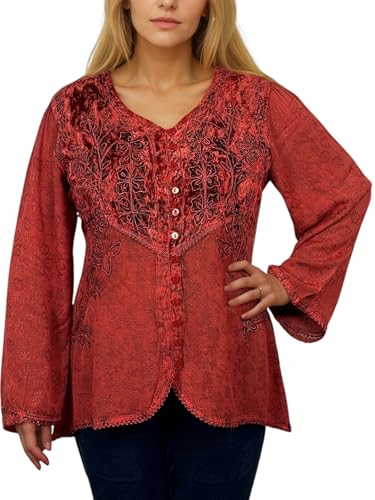 Agan Traders 2025 Sommer Rayon Bohemian Tops für Frauen - Button Down Long/Short Sleeve Women Embroidered Blouse, B Rot, X-Large von Agan Traders
