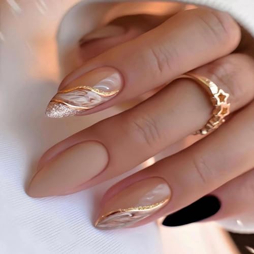 Künstliche Fingernägel, kurz, mandelförmig, matt, zum Aufkleben mit Glitzer-Goldwirbel, zum Aufdrücken, abnehmbar, vollständige Abdeckung, Kunstnägel, Zubehör für Frauen und Bräute, 24 Stück Künstliche Fingernägel, kurz, mandelförmig, matt, zum Aufkleben mit Glitzer-Goldwirbel, zum Aufdrücken, abnehmbar, vollständige Abdeckung, Kunstnägel, Zubehör für Frauen und Bräute, 24 Stück von Agasar