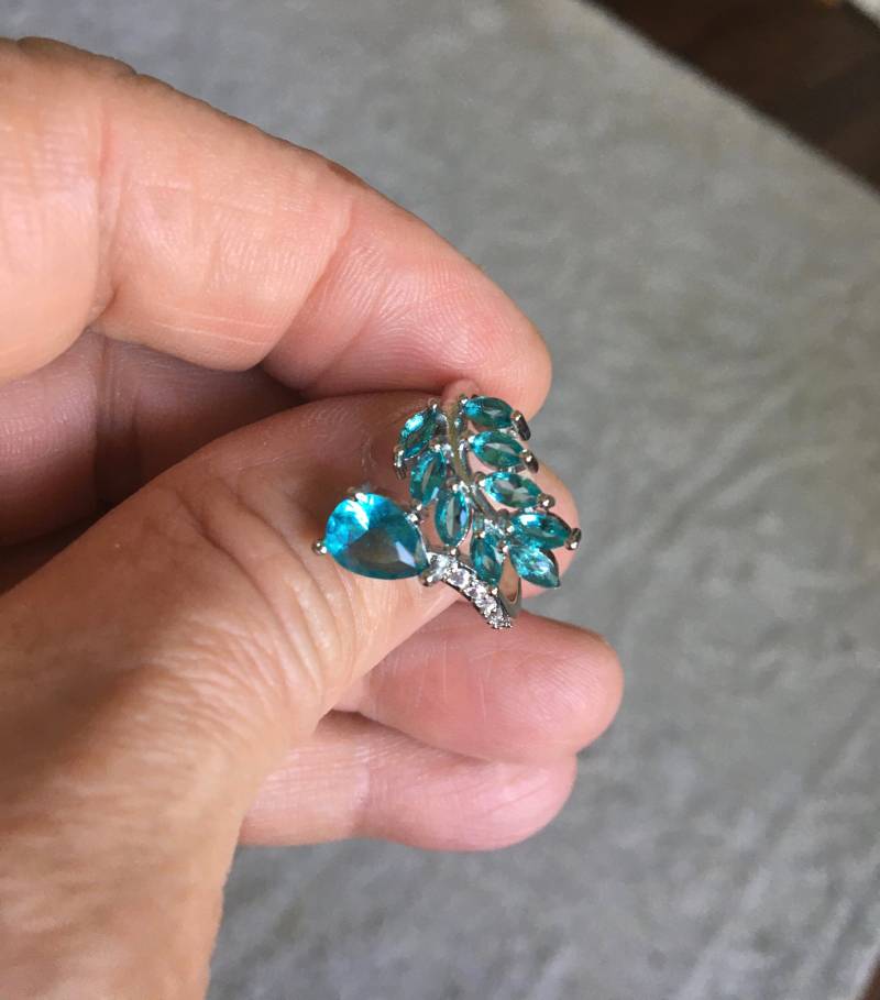 Reiche Blaue Aquamarin Blatt Cluster Ring-Damen Falten Sterling Silber Ring-Multi Stein Ring Größe 7, 75 | 7 3/4 von AgateBeachcomber