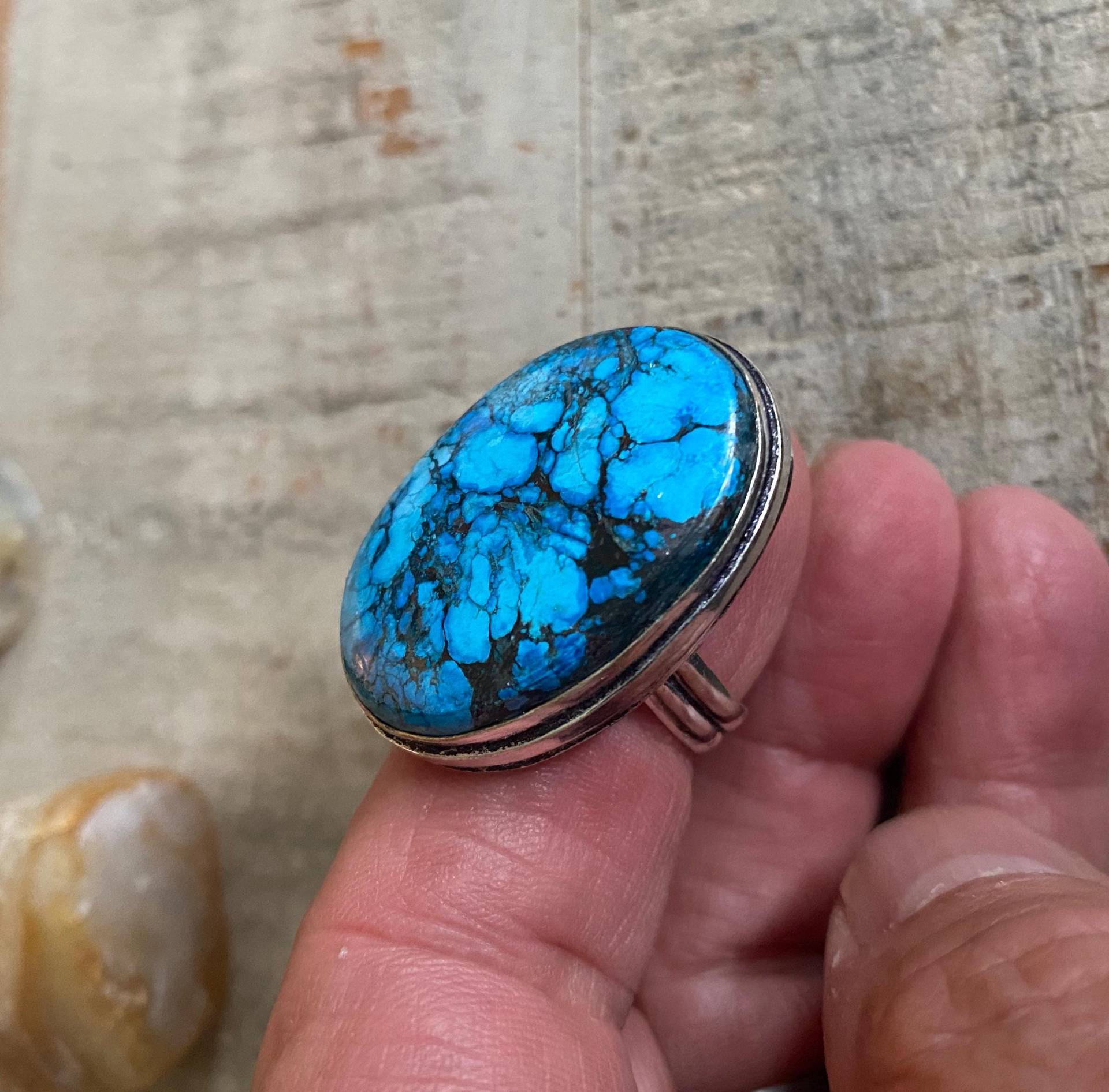 Vintage Oval Türkis Ring Sterling Silber Solitär, Größe 8, 5 von AgateBeachcomber