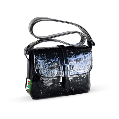 Agatha Ruiz de la Prada – Umhängetasche aus blauem Lackleder mit eingraviertem ARP-Logo und Klappenverschluss von Agatha Ruiz de la Prada