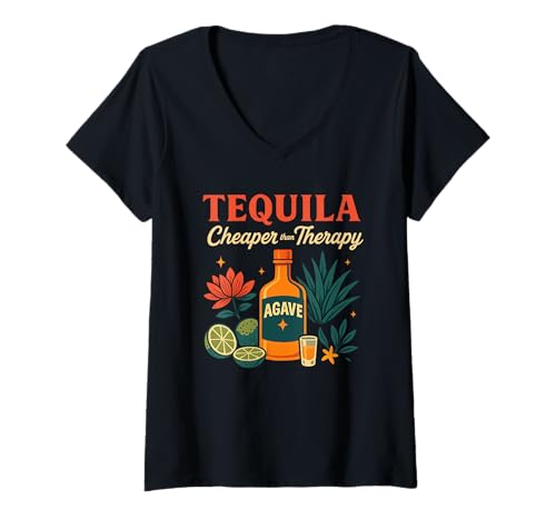 Damen Tequila Is Cheaper Therapy Agave-Flasche, Limetten-Design T-Shirt mit V-Ausschnitt von Agave Citrus Vibes Apparel