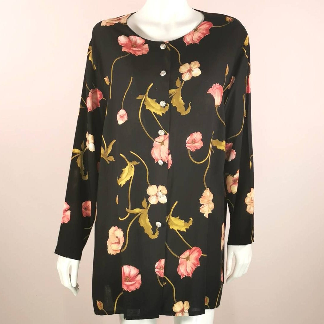 90S Vintage Langarm Blumen Tunika Kleid - Button Down Geblümtes Shirtkleid Oversized Print Long Line Shirt Florales Minikleid Xl von AgeOfVintageUK