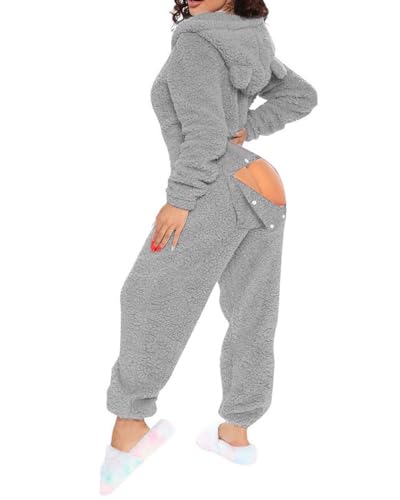 Agess Damen Sexy Fleece Jumpsuit mit Kapuze und Öhrchen,Damen Overall Mit Po Klappe,Schlafanzug Einteiler Flausching Pyjama Plüsch Onesie (1,S) von Agess