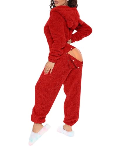 Agess Damen Sexy Fleece Jumpsuit mit Kapuze und Öhrchen,Damen Overall Mit Po Klappe,Schlafanzug Einteiler Flausching Pyjama Plüsch Onesie (4,M) von Agess