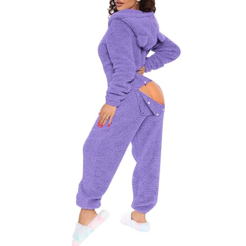 Agess Damen Sexy Fleece Jumpsuit mit Kapuze und Öhrchen,Damen Overall Mit Po Klappe,Schlafanzug Einteiler Flausching Pyjama Plüsch Onesie (7,S) von Agess