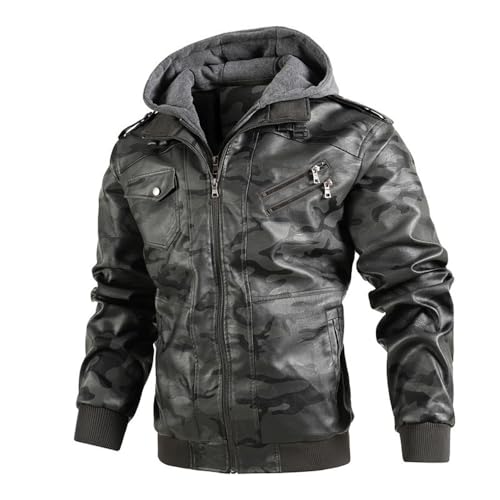Agess Herren Lederjacke, Abnehmbarer Kapuze Hooded Leather Jacket Mit Reißverschluss (4,S) von Agess
