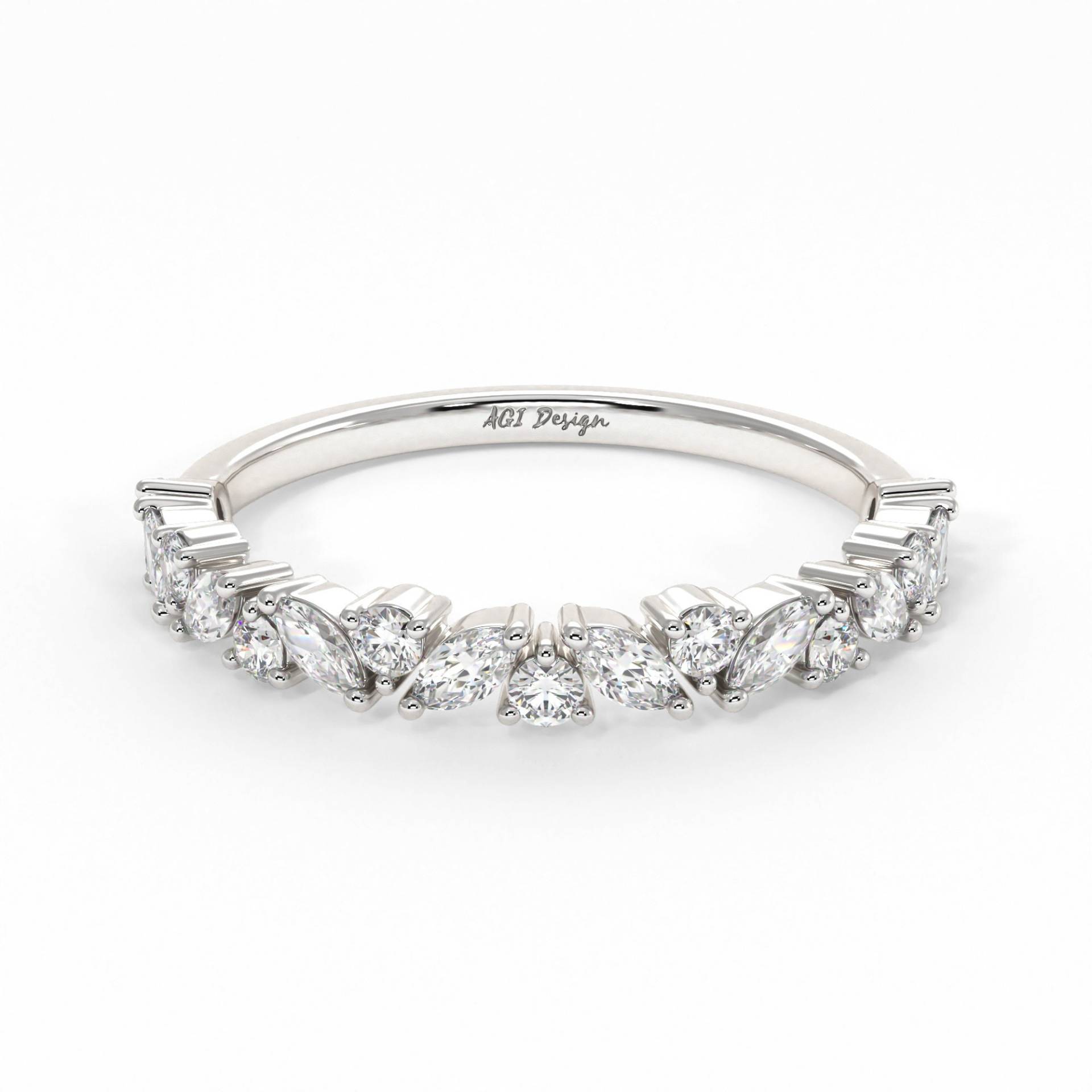 Agnes Round Und Marquise Lab Erstellte Diamanten Ehering, Stapeln Gold Brautring, Vintage Semi-Eternity Ring, Einzigartige Platinum Band von AgiDesignCanada