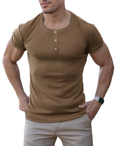 Agilelin Herren Baumwolle Kurzarm Shirt,Schlanke Passform Muskelshirts,Casual Henley Shirt,Geripptes Tshirt(Braun/L) von Agilelin