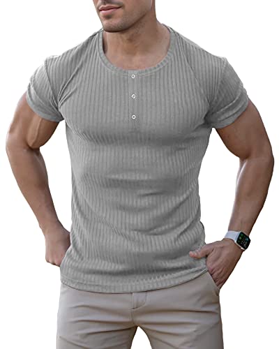 Agilelin Herren Baumwolle Kurzarm Shirt,Schlanke Passform Muskelshirts,Casual Henley Shirt,Geripptes Tshirt(Grau/2XL) von Agilelin