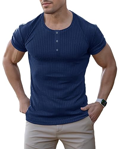 Agilelin Herren Baumwolle Kurzarm Shirt,Schlanke Passform Muskelshirts,Casual Henley Shirt,Geripptes Tshirt(Blau/L) von Agilelin