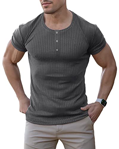 Agilelin Herren Baumwolle Kurzarm Shirt,Schlanke Passform Muskelshirts,Casual Henley Shirt,Geripptes Tshirt(Dunkelgrau/L) von Agilelin