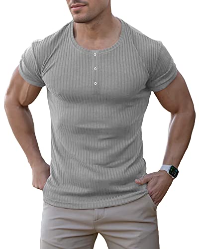 Agilelin Herren Baumwolle Kurzarm Shirt,Schlanke Passform Muskelshirts,Casual Henley Shirt,Geripptes Tshirt(Grau/S) von Agilelin