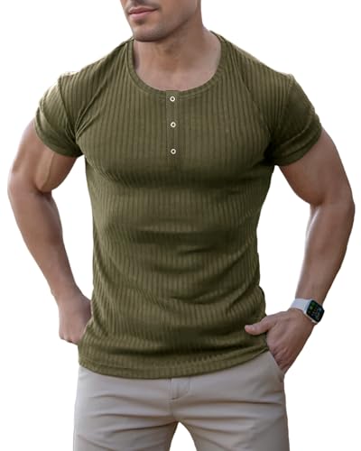 Agilelin Herren Baumwolle Kurzarm Shirt,Schlanke Passform Muskelshirts,Casual Henley Shirt,Geripptes Tshirt(Grün/XL) von Agilelin